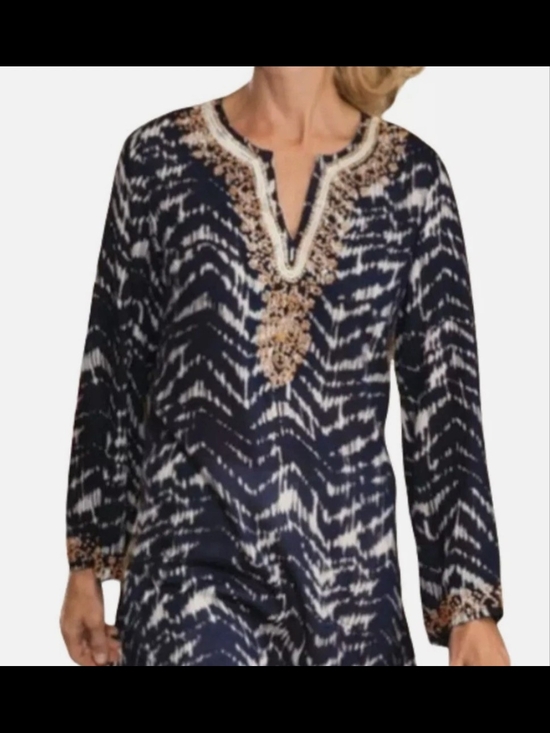 Soft Surroundings Tops - Soft Surroundings Navy and White Embroidered Tie-Dye Tunic